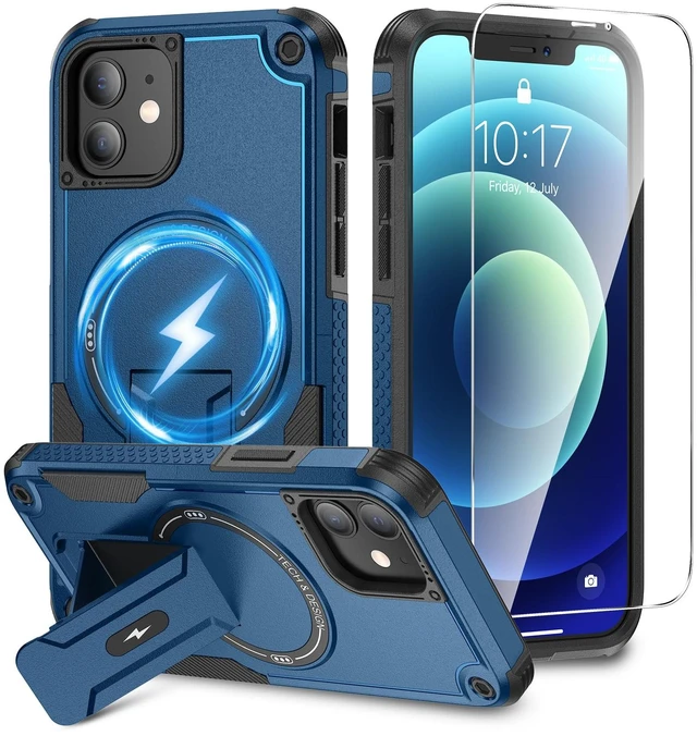 Main image of for iPhone 12 & 12 Pro Case with Stand and Screen Protector Blue | Compatible with MagSafe, Built-in Hidden Kickstand, Solid Protective Dual-layer TPU+PC Shockproof Magnetic Phone Cover