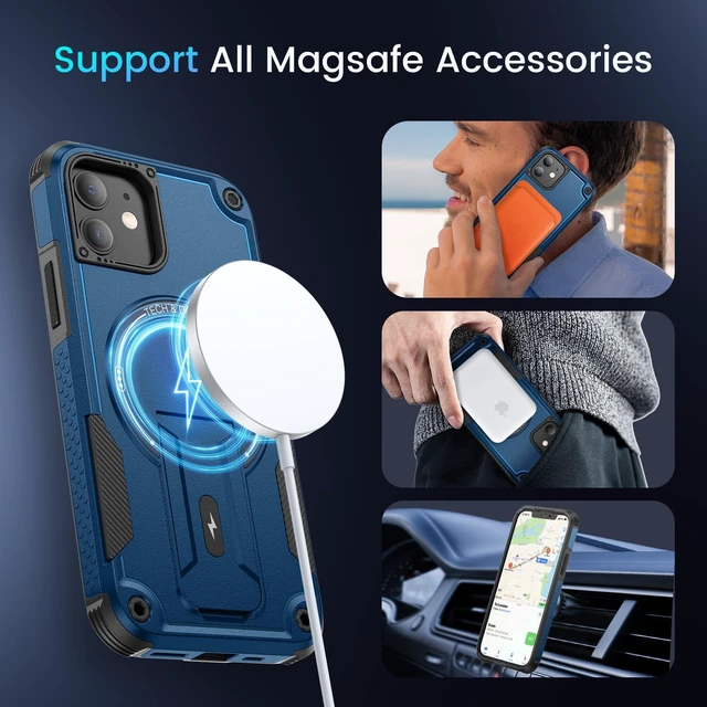 Alt view image 4 of 7 - for iPhone 12 & 12 Pro Case with Stand and Screen Protector Blue | Compatible with MagSafe, Built-in Hidden Kickstand, Solid Protective Dual-layer TPU+PC Shockproof Magnetic Phone Cover