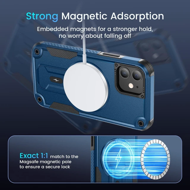 Alt view image 5 of 7 - for iPhone 12 & 12 Pro Case with Stand and Screen Protector Blue | Compatible with MagSafe, Built-in Hidden Kickstand, Solid Protective Dual-layer TPU+PC Shockproof Magnetic Phone Cover