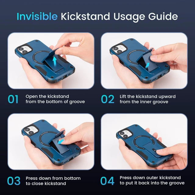 Alt view image 6 of 7 - for iPhone 12 & 12 Pro Case with Stand and Screen Protector Blue | Compatible with MagSafe, Built-in Hidden Kickstand, Solid Protective Dual-layer TPU+PC Shockproof Magnetic Phone Cover