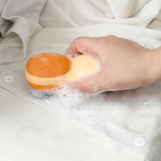 Alt view image 5 of 6 - Laundry Stain Brush Two-Side Soft Bristle Scrub Brush for Stain Removal Silicone Household Clothes Washing Brush Dual-use Scrubbing Brush for Clothes Underwear, 1 Pack (White)