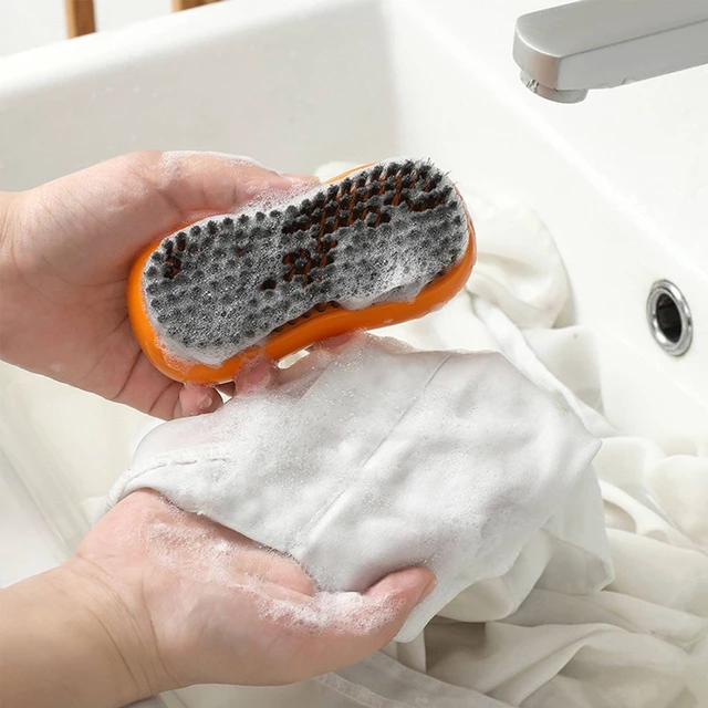 Alt view image 6 of 6 - Laundry Stain Brush Two-Side Soft Bristle Scrub Brush for Stain Removal Silicone Household Clothes Washing Brush Dual-use Scrubbing Brush for Clothes Underwear, 1 Pack (White)