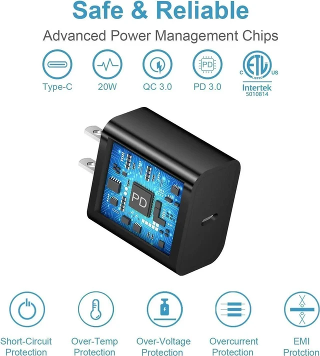 Alt view image 6 of 7 - 20W PD Super Fast Wall Charger with 6FT Charging Cable Black Type C Power Delivery Adapter High Speed Sync Cord for Apple iPhone 14 13 12 11 Pro Max Mini iPad Air Tablet Travel Office Home Use