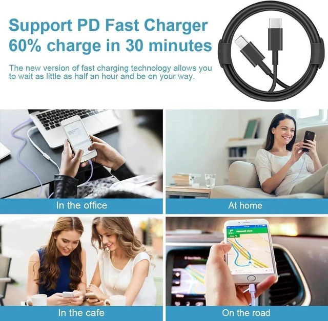 Alt view image 7 of 7 - 20W PD Super Fast Wall Charger with 6FT Charging Cable Black Type C Power Delivery Adapter High Speed Sync Cord for Apple iPhone 14 13 12 11 Pro Max Mini iPad Air Tablet Travel Office Home Use
