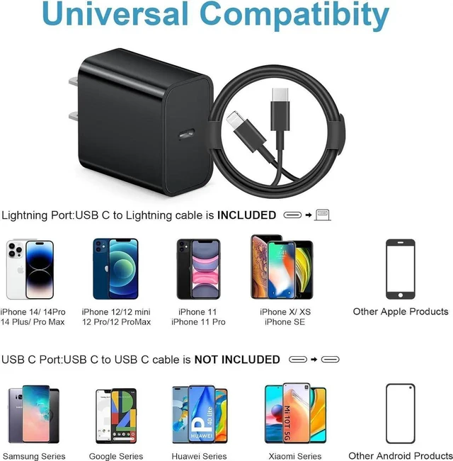 Alt view image 3 of 7 - 20W PD Super Fast Wall Charger with 6FT Charging Cable Black Type C Power Delivery Adapter High Speed Sync Cord for Apple iPhone 14 13 12 11 Pro Max Mini iPad Air Tablet Travel Office Home Use
