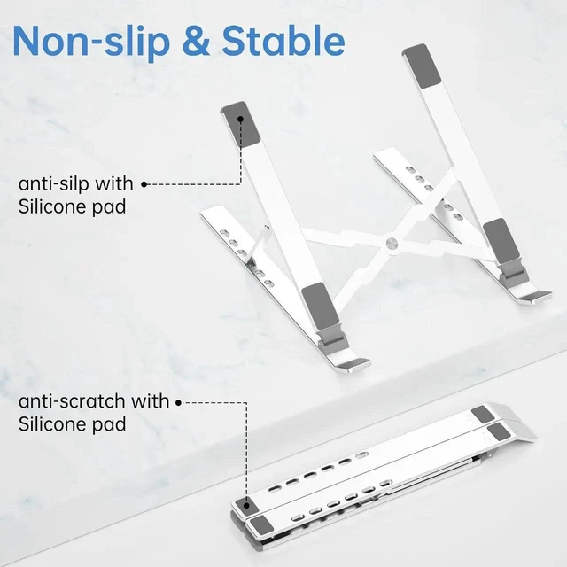 Alt view image 2 of 7 - Silver Aluminum Alloy Adjustable Laptop Stand Foldable 6 Angle Height Ergonomic Computer Riser Holder Support Bracket for 10 to 16 Inch Notebook MacBook Desk Office Workspace Gaming Setup Travel
