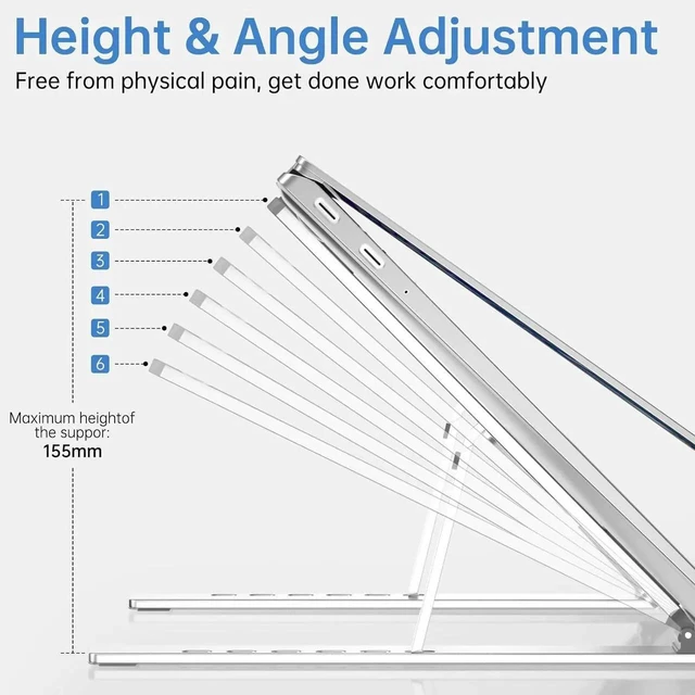 Alt view image 3 of 7 - Silver Aluminum Alloy Adjustable Laptop Stand Foldable 6 Angle Height Ergonomic Computer Riser Holder Support Bracket for 10 to 16 Inch Notebook MacBook Desk Office Workspace Gaming Setup Travel