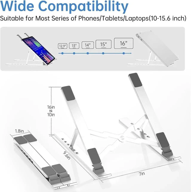 Alt view image 4 of 7 - Silver Aluminum Alloy Adjustable Laptop Stand Foldable 6 Angle Height Ergonomic Computer Riser Holder Support Bracket for 10 to 16 Inch Notebook MacBook Desk Office Workspace Gaming Setup Travel