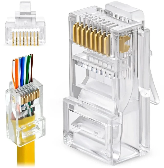 Main image of 100 Pack RJ45 Cat6 Pass Through Connectors Clear Unshielded Twisted Pair UTP Ethernet Network Plugs Solid Standard Wire Cable Crimp Ends for PC Server Router Switch Modem LAN Internet Connection