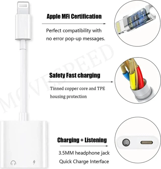 Alt view image 2 of 7 - 2 Pack 2 in 1 MFi Certified Lightning to 3.5mm Headphone Jack Adapter Aux Audio Splitter Dongle Fast Charger Cord for iPhone 14 13 12 11 X iPad Car Stereo Earphone Speaker Music Calling