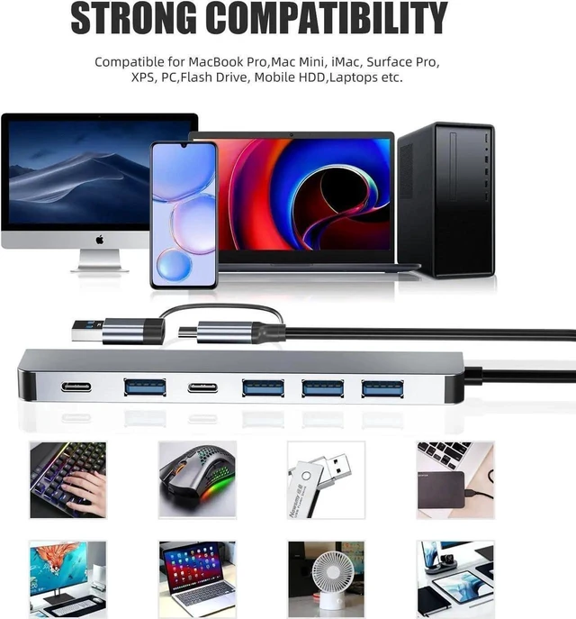 Alt view image 5 of 7 - 7 in 1 USB C Hub Multiport Adapter Splitter 2 Type C 5 Type A Ports Data Transfer Extension Dongle USB Extension Adapter for Laptop and PC Computer