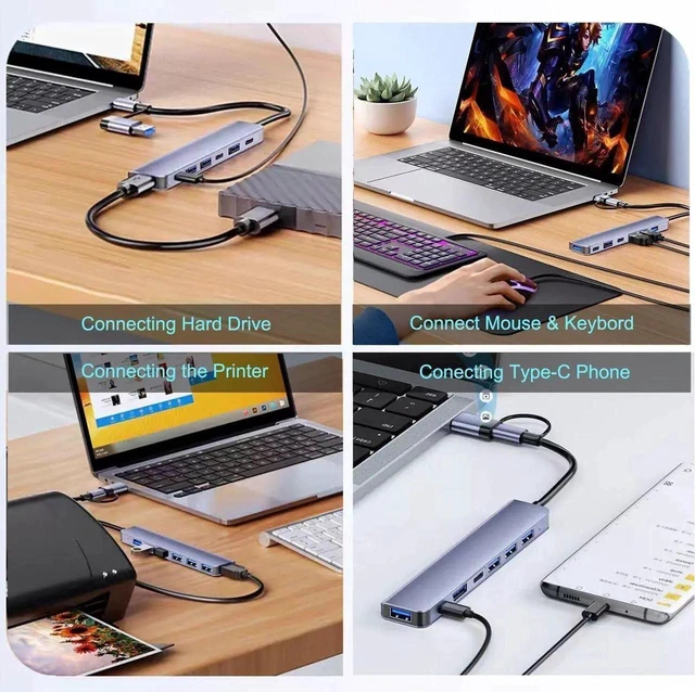 Alt view image 7 of 7 - 7 in 1 USB C Hub Multiport Adapter Splitter 2 Type C 5 Type A Ports Data Transfer Extension Dongle USB Extension Adapter for Laptop and PC Computer
