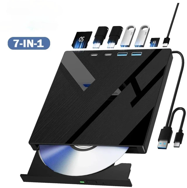 Main image of 7 in 1 External Blu Ray DVD CD Drive USB 3.0 Type C High Speed Portable Optical Writer Burner Player 100G BDXL Disc SD TF Card Reader Hub for PC Laptop Desktop Windows Linux Mac OS Data Backup