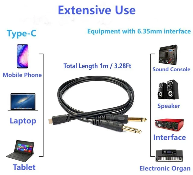 Alt view image 3 of 6 - USB-C to Dual 1/4" TS Audio Cable (3.3ft/1m), Type-C to 6.35mm Male Stereo Breakout Y-Splitter for Mixer, Amplifier & Speaker