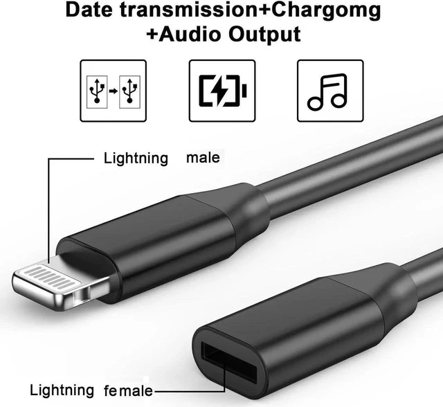 Alt view image 4 of 7 - 1ft Lightning Male to Female Extension Cable, 8-Pin Charge & Data Sync Extender Cord for Thick Cases / Docks (iPhone 14 & Older), Black