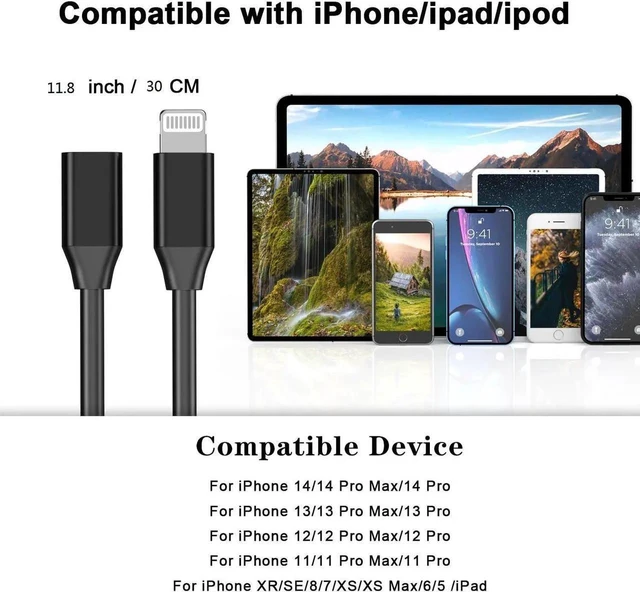 Alt view image 3 of 7 - 1ft Lightning Male to Female Extension Cable, 8-Pin Charge & Data Sync Extender Cord for Thick Cases / Docks (iPhone 14 & Older), Black