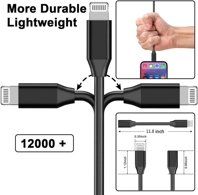 Alt view image 5 of 7 - 1ft Lightning Male to Female Extension Cable, 8-Pin Charge & Data Sync Extender Cord for Thick Cases / Docks (iPhone 14 & Older), Black