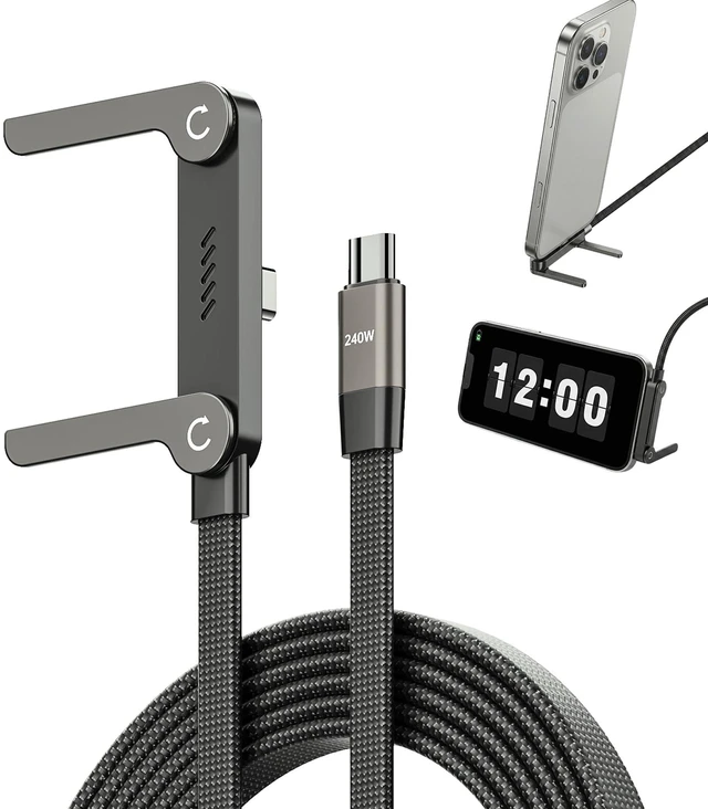 Main image of 240W USB C to Type C Ultra Fast Charging Cable Flat 90 Degree Right Angle Plug T Shaped Multi Functional Cord Invisible Foldable Stand Power Delivery for Mobile Phone Tablet Desktop PC Laptop Gaming
