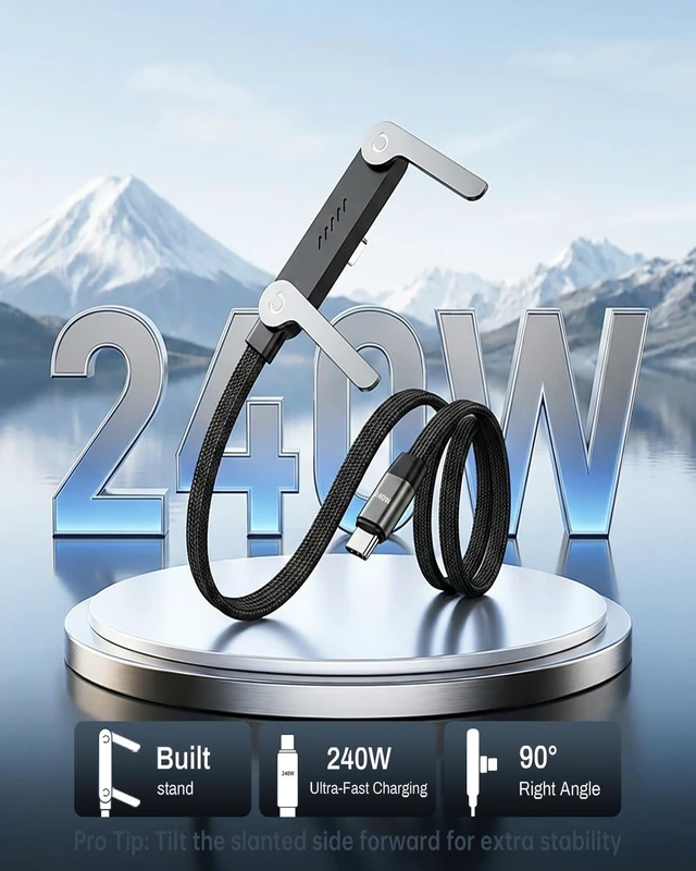 Alt view image 2 of 7 - 240W USB C to Type C Ultra Fast Charging Cable Flat 90 Degree Right Angle Plug T Shaped Multi Functional Cord Invisible Foldable Stand Power Delivery for Mobile Phone Tablet Desktop PC Laptop Gaming