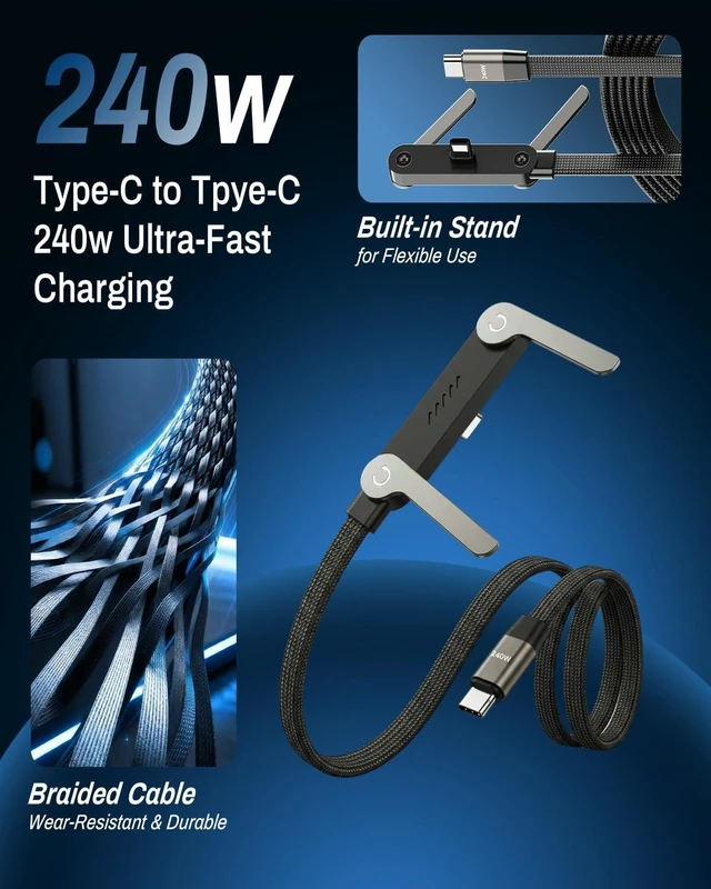 Alt view image 3 of 7 - 240W USB C to Type C Ultra Fast Charging Cable Flat 90 Degree Right Angle Plug T Shaped Multi Functional Cord Invisible Foldable Stand Power Delivery for Mobile Phone Tablet Desktop PC Laptop Gaming