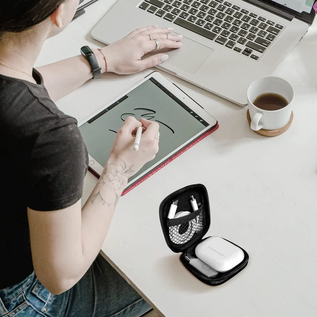 Alt view image 6 of 7 - Square Earbud Case Portable Hard EVA Storage Bag Mobile Phone Cable Accessories Organizer Pouch with Carabiner Clip Zipper Carrying Holder Tech for Wired Wireless Earphone Earbud SD Memory Card