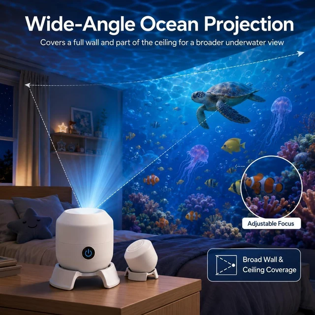 Alt view image 4 of 7 - 5D Ocean Wave Projector Light 360 Degree Rotating Night Lamp 90 Degree Wide Angle Projection Dimmable Adjustable Brightness USB Power LED Glow Mood for Kids Room Bedroom Movie Nights Relaxing Decor