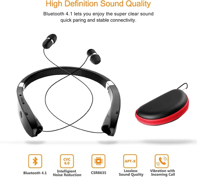 Alt view image 3 of 7 - Foldable Retractable Bluetooth Wireless Headset Lightweight Noise Cancelling Stereo Neckband Headphones Earphone Earpiece Carrying Case Pouch for Sports Exercise Workout Running Gym Smartphone
