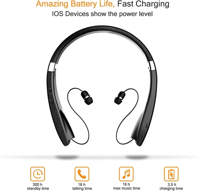 Alt view image 4 of 7 - Foldable Retractable Bluetooth Wireless Headset Lightweight Noise Cancelling Stereo Neckband Headphones Earphone Earpiece Carrying Case Pouch for Sports Exercise Workout Running Gym Smartphone