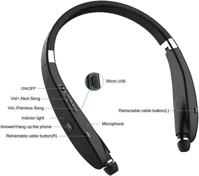 Alt view image 5 of 7 - Foldable Retractable Bluetooth Wireless Headset Lightweight Noise Cancelling Stereo Neckband Headphones Earphone Earpiece Carrying Case Pouch for Sports Exercise Workout Running Gym Smartphone