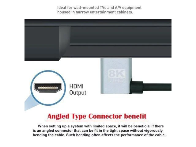 Alt view image 5 of 7 - HDMI 2.1 8K 60Hz 4K 120Hz Cable Male to Male 90 Degree Right Angled 48Gbps Ultra High Speed Gold Plated Wire Cord Connector Extension Adapter for Smart TV Monitor Desktop PC Laptop Projector