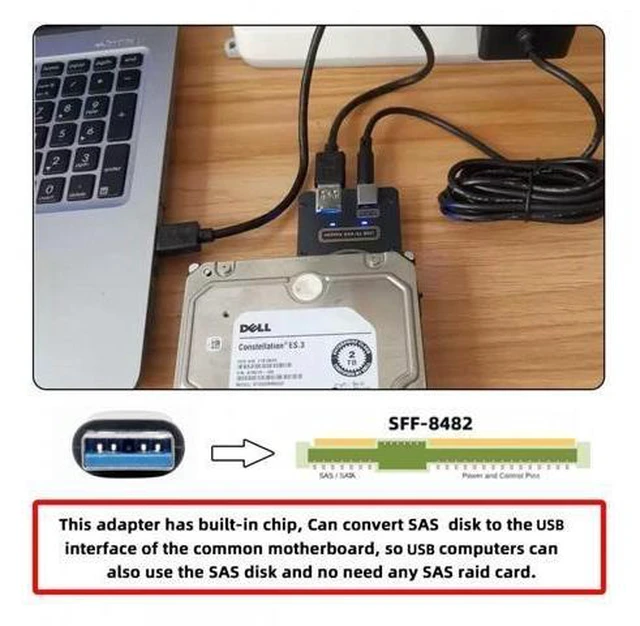 Alt view image 7 of 7 - SAS 29-Pin to USB 3.0 Adapter for Enterprise Server HDD (SFF-8482), 5Gbps Hard Drive Reader (Requires 12V/2A DC Power Adapter - NOT Included)