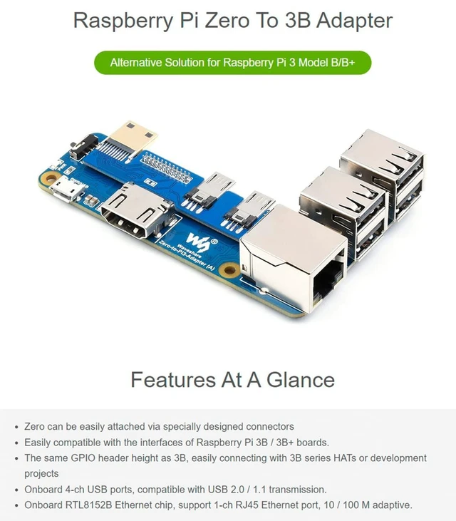 Alt view image 2 of 5 - Form Factor Adapter Board for RPi Zero to 3B/3B+ Layout, Hardware Port Expander for Pi 3B HATs (Empty Board ONLY, No CPU)