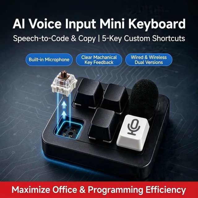 Alt view image 3 of 7 - 2.4GHz Wireless Voice Mechanical Mini Keypad Red Switch Programmable Shortcut Keys Built in HD Microphone Voice Typing Board Device for AI Coding Programming Software Development PC