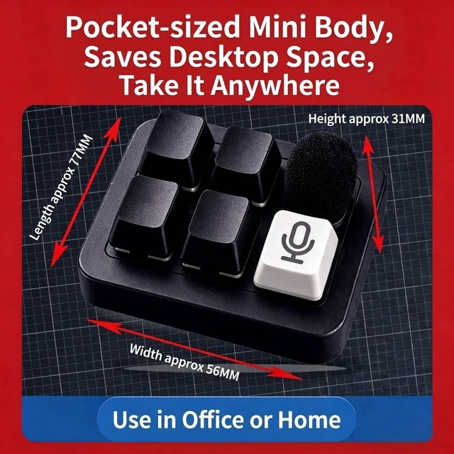 Alt view image 5 of 7 - 2.4GHz Wireless Voice Mechanical Mini Keypad Red Switch Programmable Shortcut Keys Built in HD Microphone Voice Typing Board Device for AI Coding Programming Software Development PC