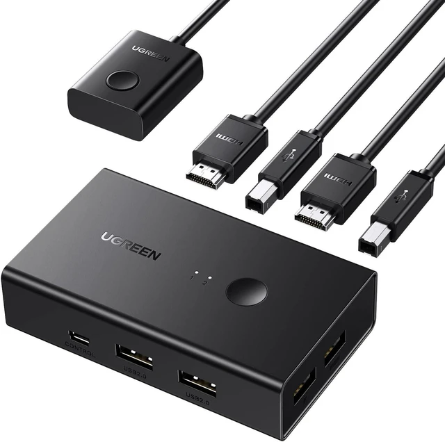 Main image of 2 In 1 Out HDMI 2.0 USB KVM Switch 4K 60Hz 3D HDR Video Audio Switcher Box Desktop Controller Button with USB and HDMI Cables Adapter Hub Selector Splitter for 2 PC Keyboard Mouse Printer Monitor