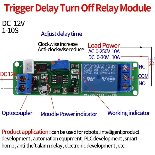 Main image of DC 12V Delay OFF Timer Relay Module (1-10s Adjustable), NE555 Switch Board for Car/Home Automation DIY (10A Dry Contact)