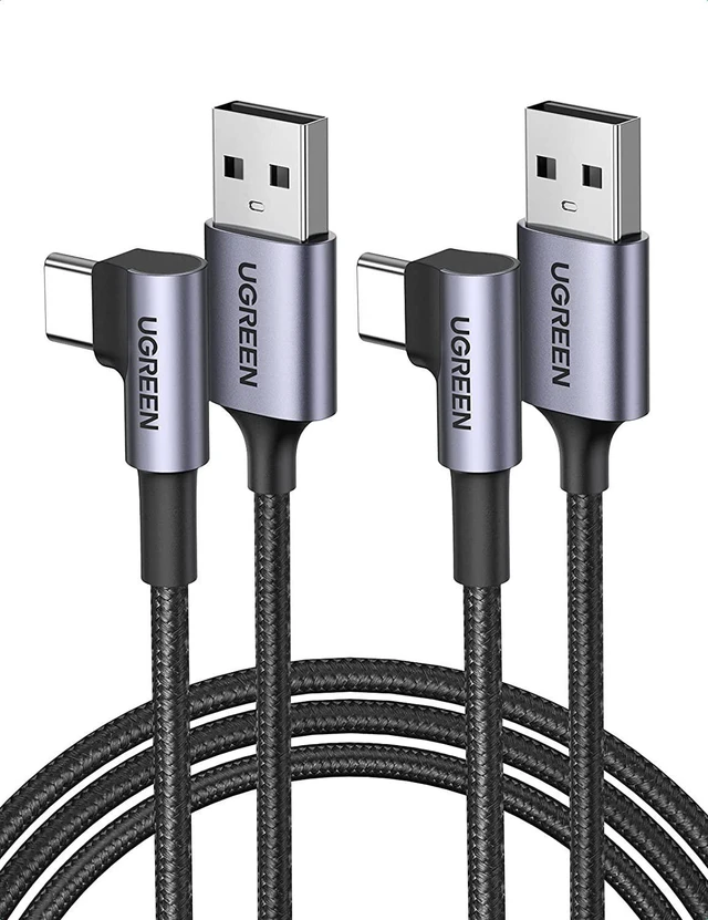Main image of 2-Pack 90 Degree USB A to USB C Cable (3.3FT), 3A QC3.0 Right Angle Nylon Braided Fast Charging Cord for Galaxy S21/Z Fold (NOT for Pixel/iPad PD Fast Charge)