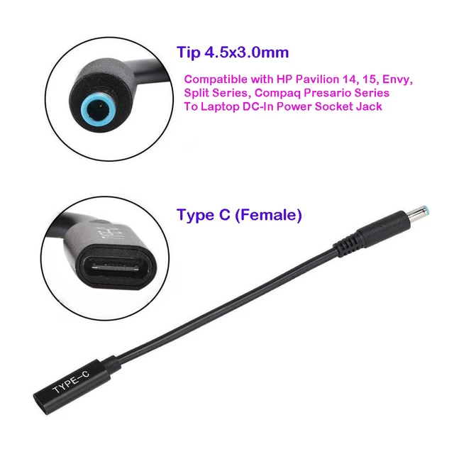 Alt view image 3 of 5 - USB Type C Female to 4.5x3.0mm DC Jack PD Adapter Converter Cable Fast Charge Smart Plug 100W 65W for HP Pavilion EliteBook Stream TouchSmart 11 13 14 15 Folio 1040 G1 Spectre Ultrabook 13