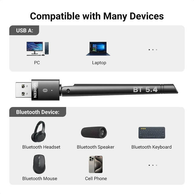 Alt view image 12 of 14 - UGREEN Bluetooth Adapter for PC, Bluetooth 5.4 Long Range Dongle Receiver EDR & BLE, Plug & Play for Windows 11/10/8.1, for Headphone/Keyboard/Mouse/Speakers/Printer