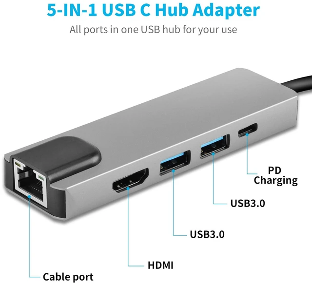 Alt view image 2 of 7 - 5-in-1 USB C Hub with 4K HDMI & Gigabit Ethernet, 100W PD Charging Port, 2x USB 3.0 Multiport Adapter (Requires DP Alt Mode)