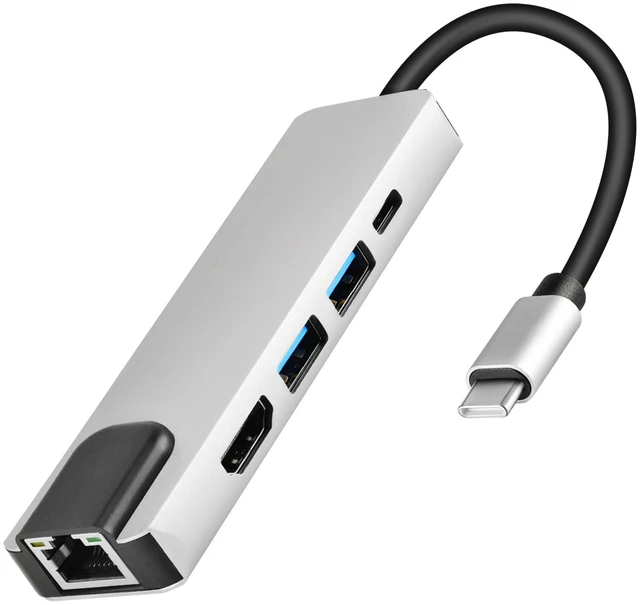 Main image of 5-in-1 USB C Hub with 4K HDMI & Gigabit Ethernet, 100W PD Charging Port, 2x USB 3.0 Multiport Adapter (Requires DP Alt Mode)