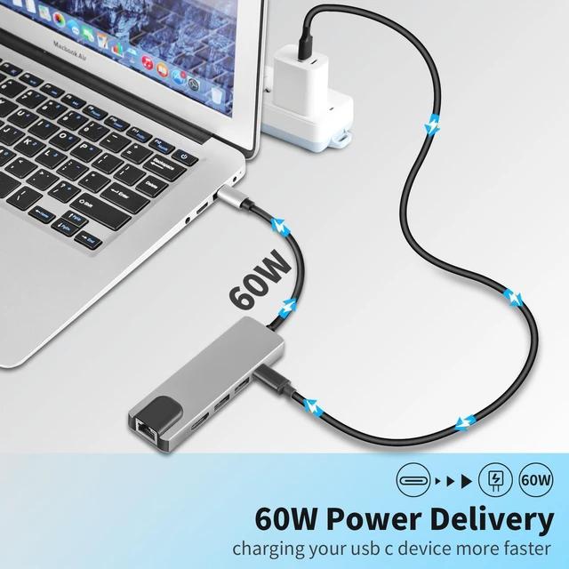 Alt view image 3 of 7 - 5-in-1 USB C Hub with 4K HDMI & Gigabit Ethernet, 100W PD Charging Port, 2x USB 3.0 Multiport Adapter (Requires DP Alt Mode)