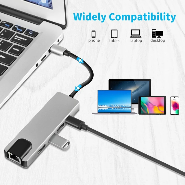 Alt view image 5 of 7 - 5-in-1 USB C Hub with 4K HDMI & Gigabit Ethernet, 100W PD Charging Port, 2x USB 3.0 Multiport Adapter (Requires DP Alt Mode)