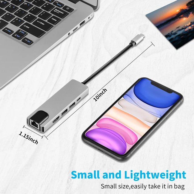 Alt view image 6 of 7 - 5-in-1 USB C Hub with 4K HDMI & Gigabit Ethernet, 100W PD Charging Port, 2x USB 3.0 Multiport Adapter (Requires DP Alt Mode)