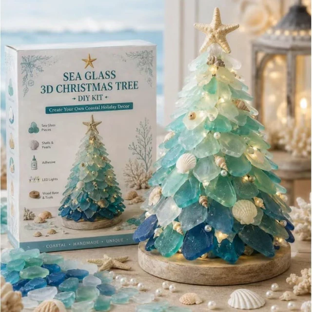 Main image of DIY 3D Sea Glass Art Kit with Wooden Frame (Coast & Christmas Themes), Natural Mosaic Craft Materials Set (Pieces Vary in Shape/Color)