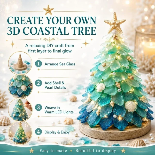 Alt view image 5 of 7 - DIY 3D Sea Glass Art Kit with Wooden Frame (Coast & Christmas Themes), Natural Mosaic Craft Materials Set (Pieces Vary in Shape/Color)