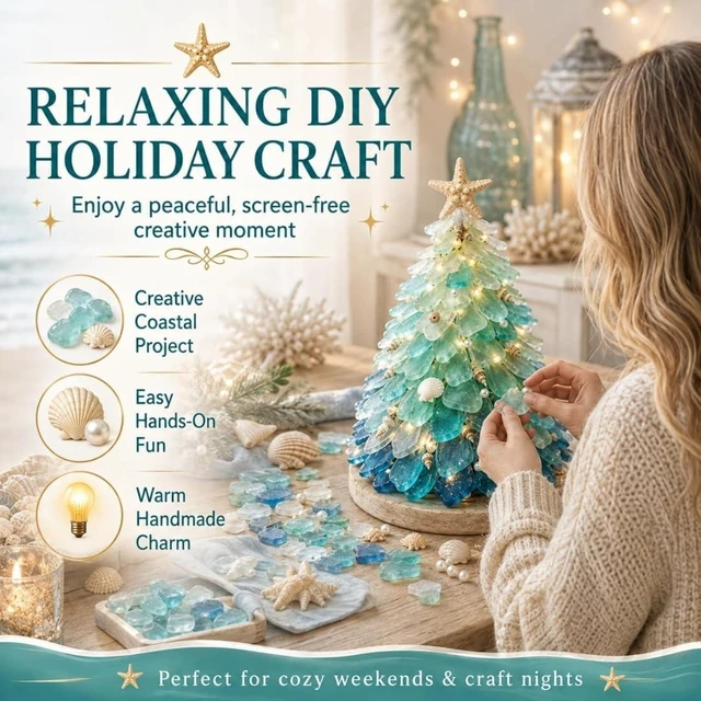 Alt view image 2 of 7 - DIY 3D Sea Glass Art Kit with Wooden Frame (Coast & Christmas Themes), Natural Mosaic Craft Materials Set (Pieces Vary in Shape/Color)