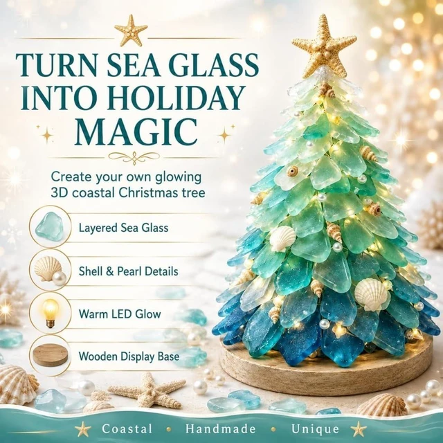 Alt view image 7 of 7 - DIY 3D Sea Glass Art Kit with Wooden Frame (Coast & Christmas Themes), Natural Mosaic Craft Materials Set (Pieces Vary in Shape/Color)