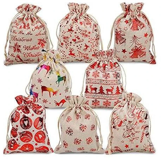 Main image of Christmas Drawstring Goody Bags Set (16 Pcs, Jute/Burlap Material), Mini Reusable Treat Pouches for Holiday Jewelry, Crafts & Candy Favors