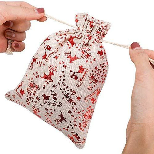 Alt view image 2 of 7 - Christmas Drawstring Goody Bags Set (16 Pcs, Jute/Burlap Material), Mini Reusable Treat Pouches for Holiday Jewelry, Crafts & Candy Favors